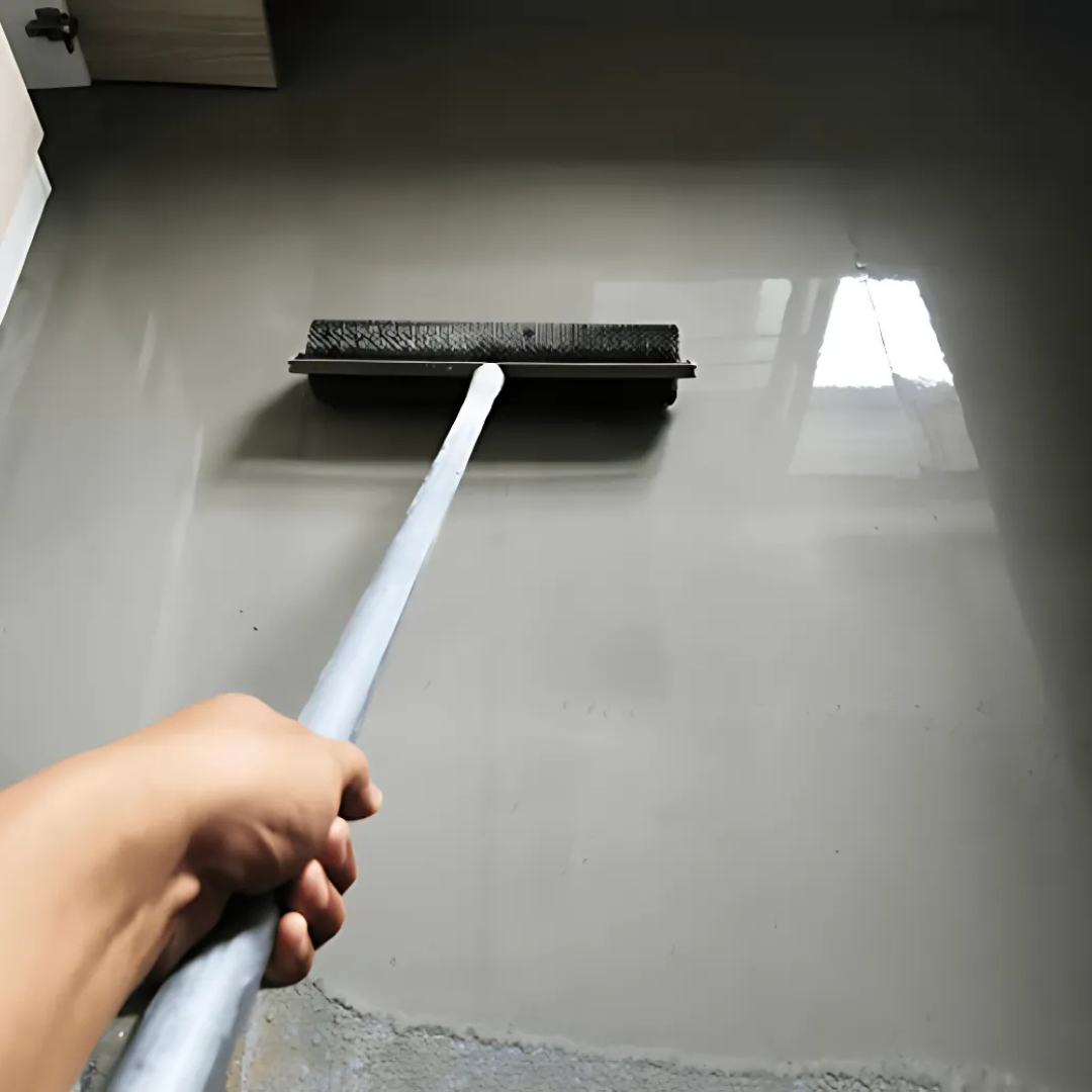 Påføring af sprøjtemalet epoxy eller gulvmaling med rulle på glat betongulv